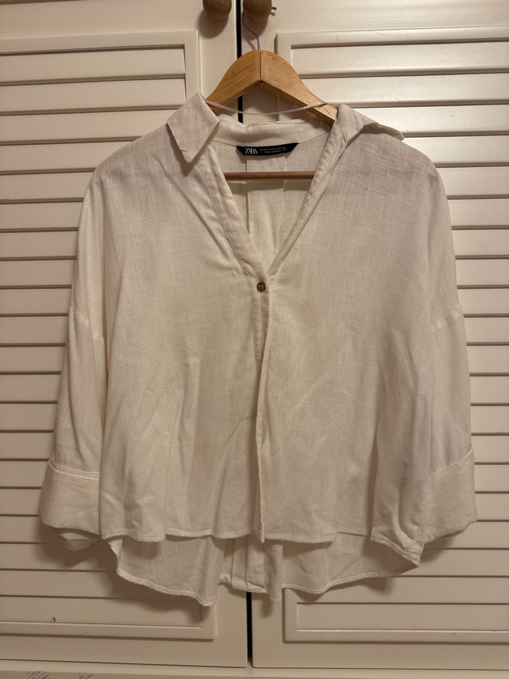 Düğmeli Beyaz Keten Kadın Gömlek - Görsel 2