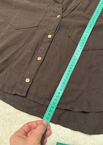 Düğmeli Kısa Kollu Kahverengi Keten Gömlek - Görsel 8