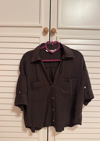 Düğmeli Kısa Kollu Kahverengi Keten Gömlek - Görsel 2