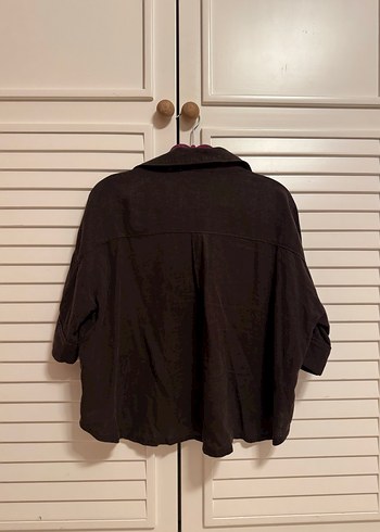 Düğmeli Kısa Kollu Kahverengi Keten Gömlek - Görsel 3