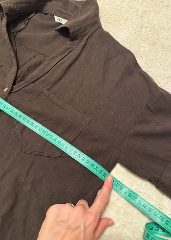 Düğmeli Kısa Kollu Kahverengi Keten Gömlek - Görsel 7