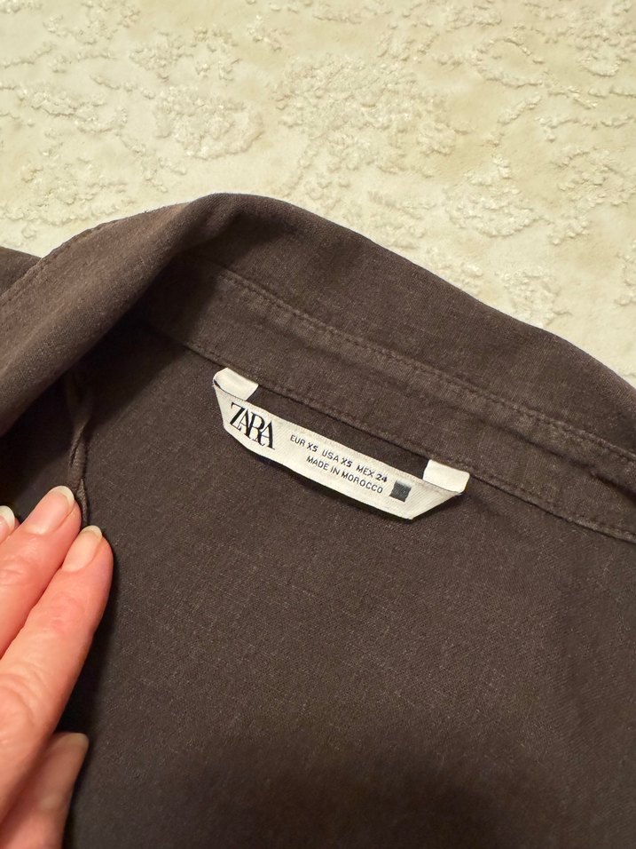 Düğmeli Kısa Kollu Kahverengi Keten Gömlek - Görsel 4