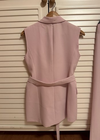 Pudra Renkli Kemerli Kadın Uzun Yelek Takım - Görsel 6