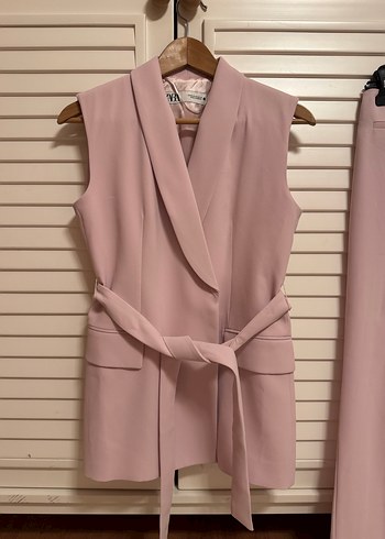 Pudra Renkli Kemerli Kadın Uzun Yelek Takım - Görsel 5