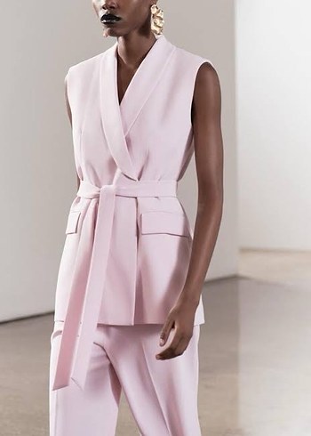 Pudra Renkli Kemerli Kadın Uzun Yelek Takım - Görsel 2