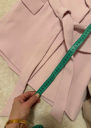 Pudra Renkli Kemerli Kadın Uzun Yelek Takım - Görsel 11