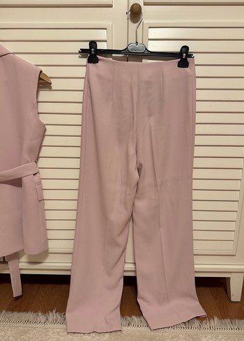 Pudra Renkli Kemerli Kadın Uzun Yelek Takım - Görsel 8