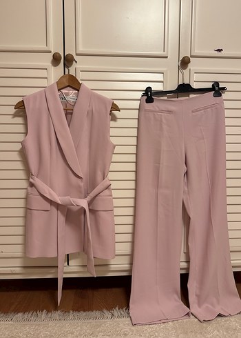 Pudra Renkli Kemerli Kadın Uzun Yelek Takım - Görsel 4