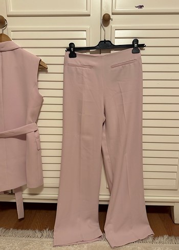 Pudra Renkli Kemerli Kadın Uzun Yelek Takım - Görsel 7