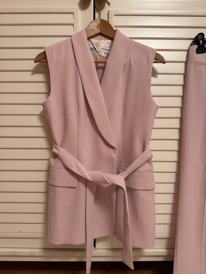 Pudra Renkli Kemerli Kadın Uzun Yelek Takım - Görsel 5