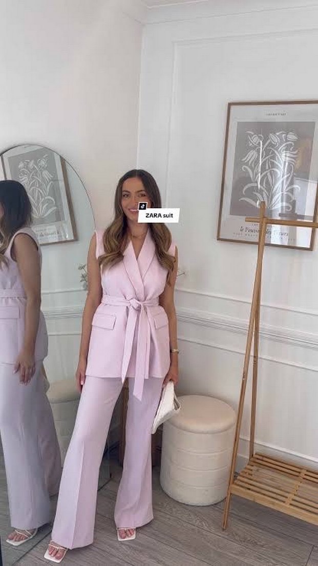 Pudra Renkli Kemerli Kadın Uzun Yelek Takım - Görsel 3