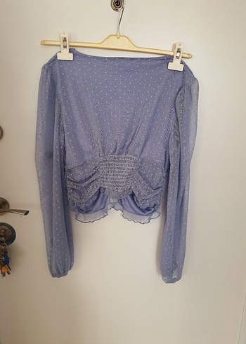s Beden mavi Renk Uzun Kollu Tüllü V Yaka Mini Bluz