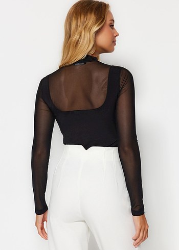 Siyah Tül Çıtçıtlı Şık Bluz - Görsel 2