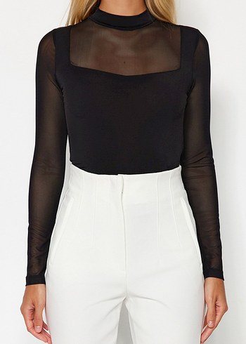 Siyah Tül Çıtçıtlı Şık Bluz - Görsel 4