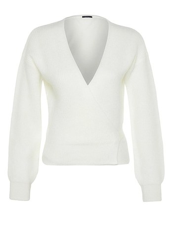 Beyaz V Yaka Örgü Kadın Kazak - Görsel 6