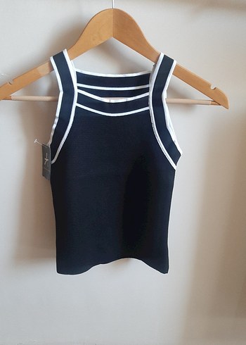 Halter Yaka Çizgi Şeritli Triko Bluz - Görsel 2