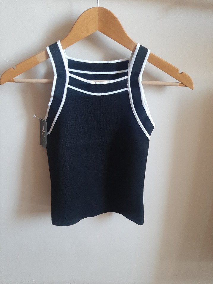 Halter Yaka Çizgi Şeritli Triko Bluz - Görsel 2