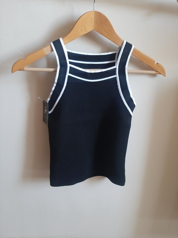 Halter Yaka Çizgi Şeritli Triko Bluz - Görsel 4