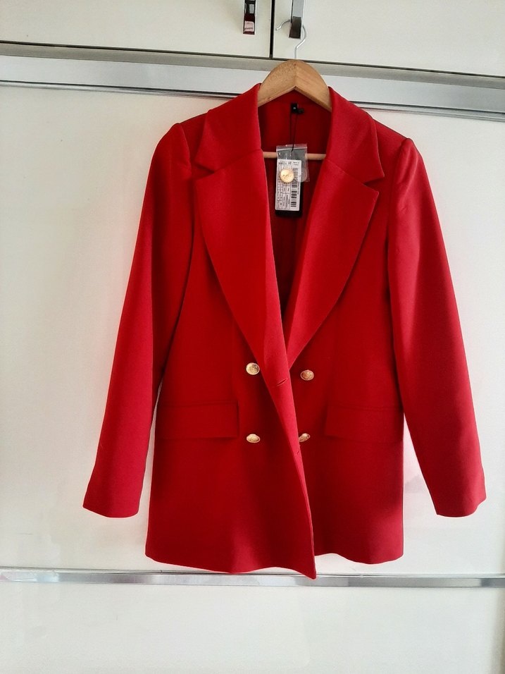 Kırmızı Kadın Düğmeli Ofis Blazeri - Görsel 3
