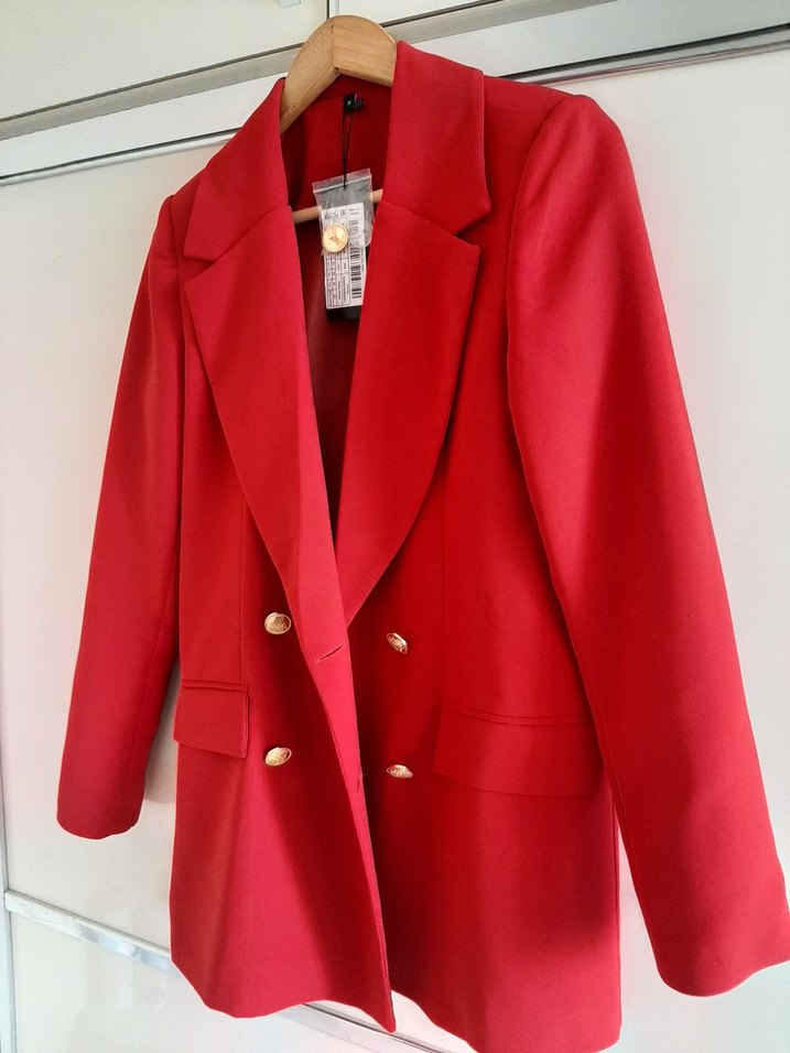 Kırmızı Kadın Düğmeli Ofis Blazeri - Görsel 5