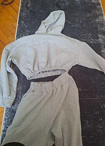 Crop gri eşofman Sweatshirt takım