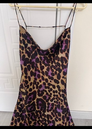 Mor Leopar Desenli Uzun Askılı Elbise - Görsel 2