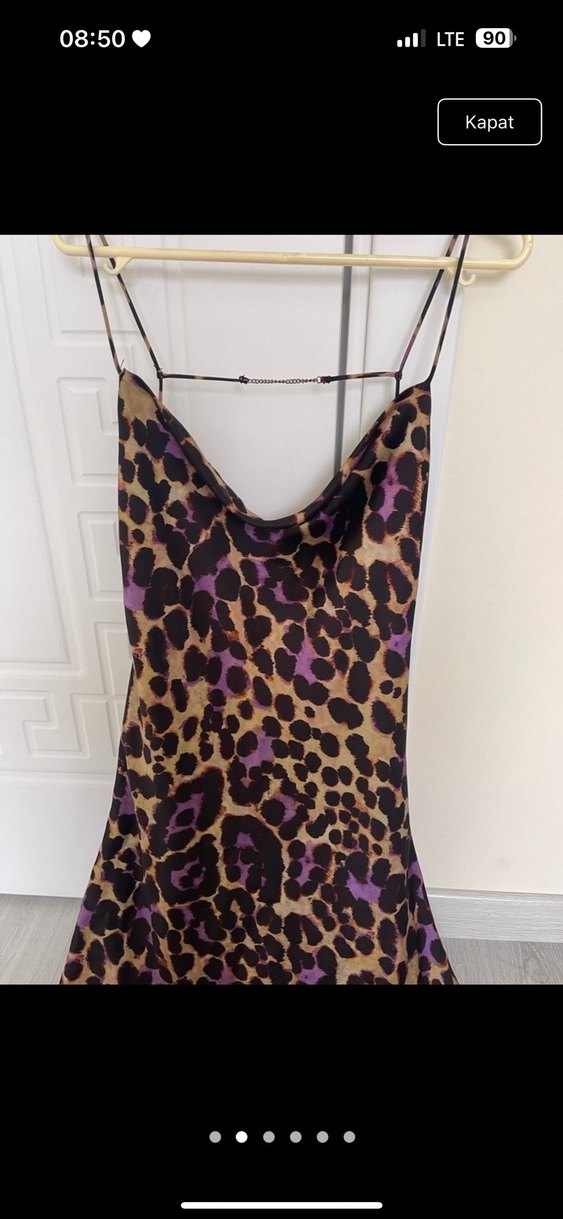 Mor Leopar Desenli Uzun Askılı Elbise - Görsel 2