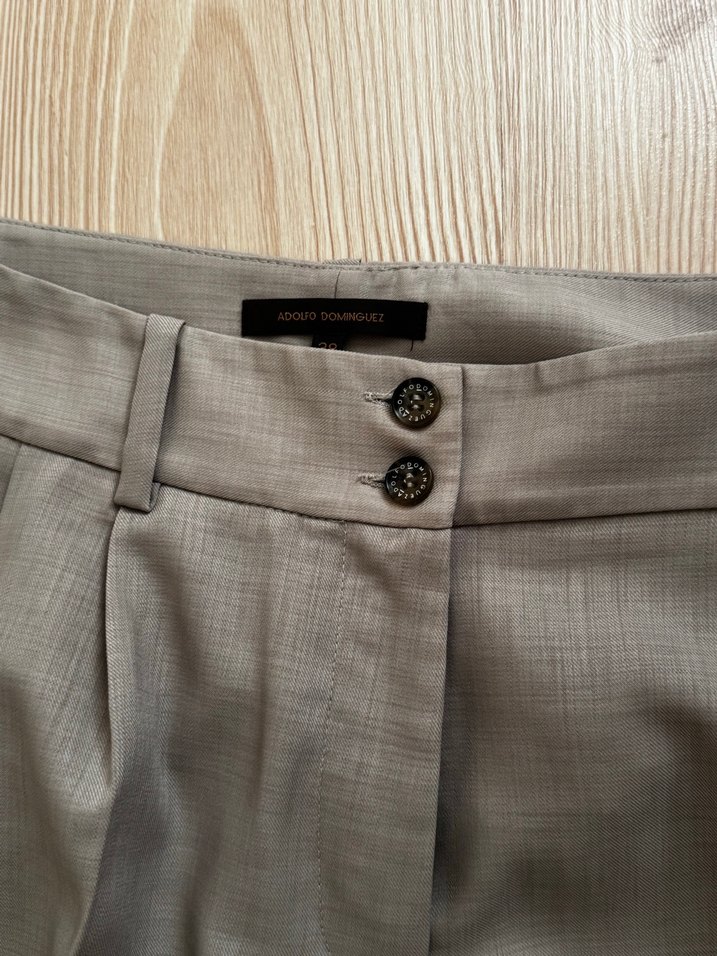 Düğmeli Keten gibi tril tril  Gri Kadın Kumaş Pantolon - Görsel 2