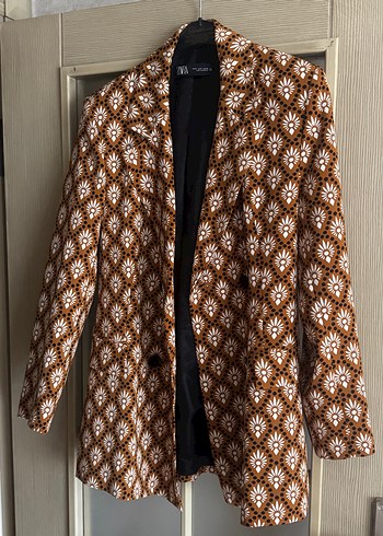 Zara Kahverengi Cicek Desenli Uzun Blazer Ceket