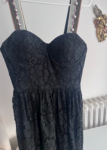 Siyah Dantelli Straplez Gotik Midi Elbise - Görsel 3