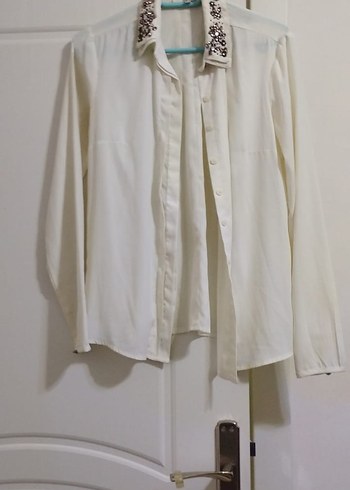 Düğmeli, Baskılı Beyaz Kadın Bluz - Görsel 2