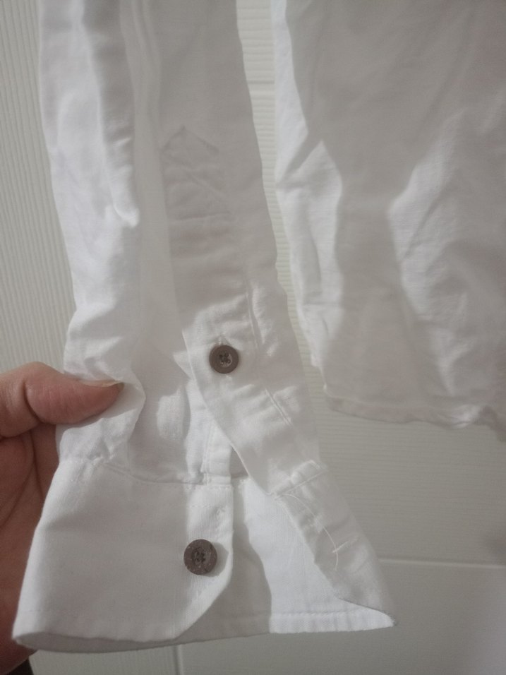 Düğmeli Beyaz Keten Erkek Gömlek - Görsel 4