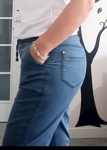 Kadın Mavi Bol Kesim Denim Kargo Pantolon - Görsel 2