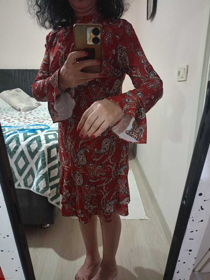 Desenli Bordo Elbise - Görsel 4