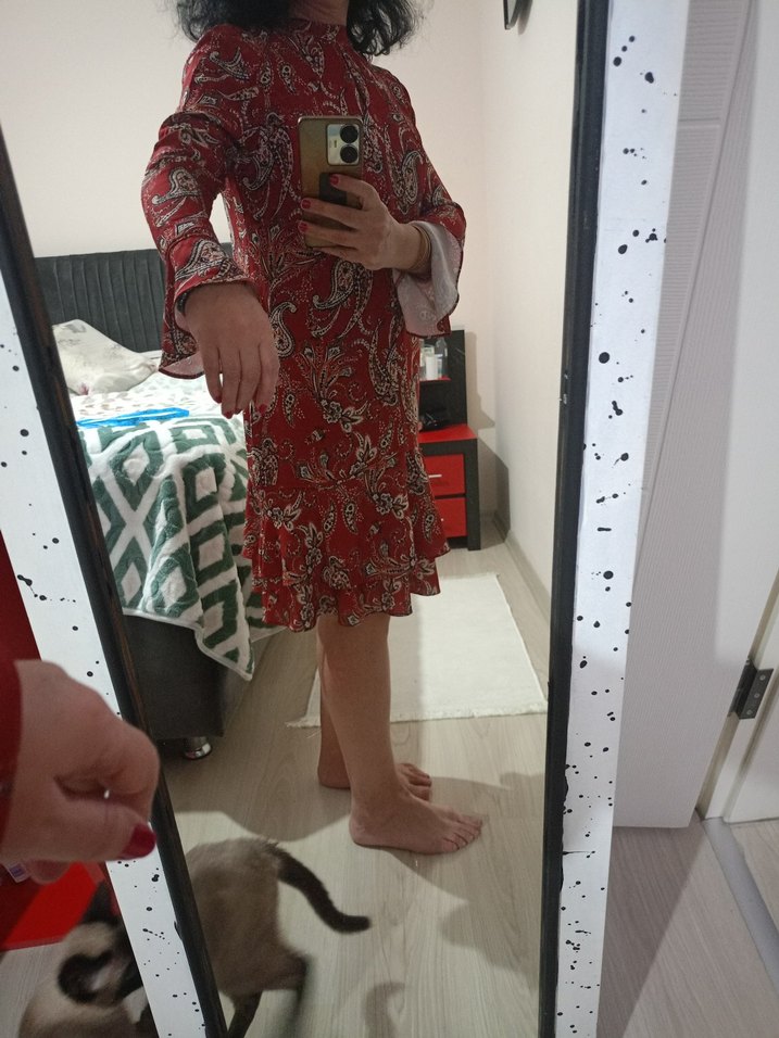 Desenli Bordo Elbise - Görsel 3