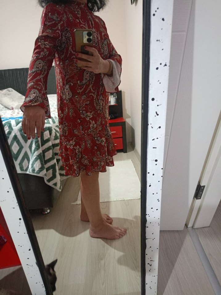 Desenli Bordo Elbise - Görsel 5