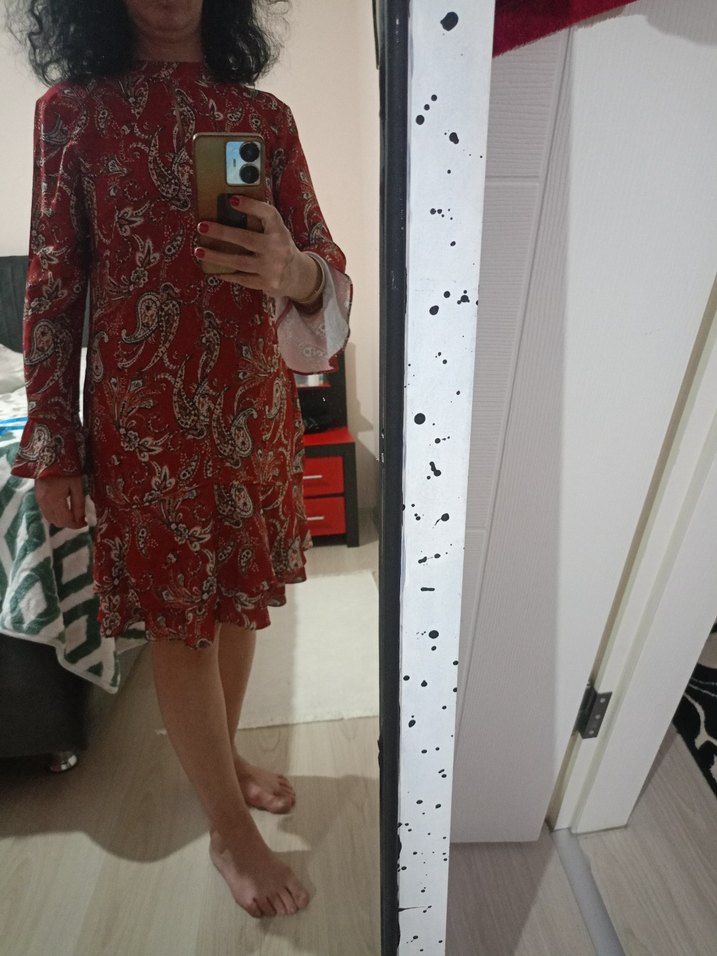 Desenli Bordo Elbise - Görsel 2