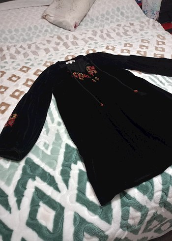 Uzun Kollu Siyah Nakışlı Bohem Elbise - Görsel 5