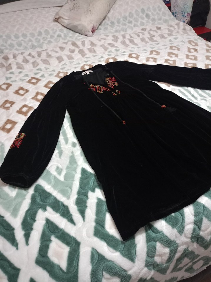 Uzun Kollu Siyah Nakışlı Bohem Elbise - Görsel 5