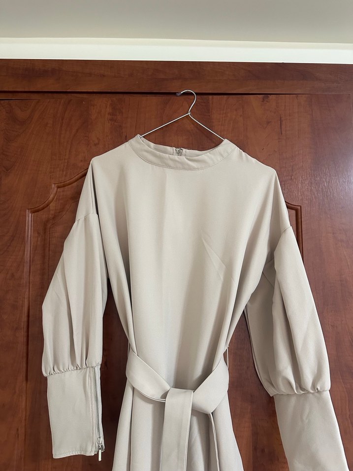 Bej Uzun Kollu Kadın Elbise - Görsel 4