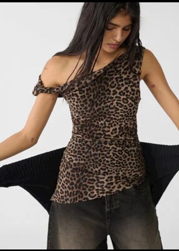 Drapeli Leopar Desenli Straplez Bluz stradivarius - Görsel 2