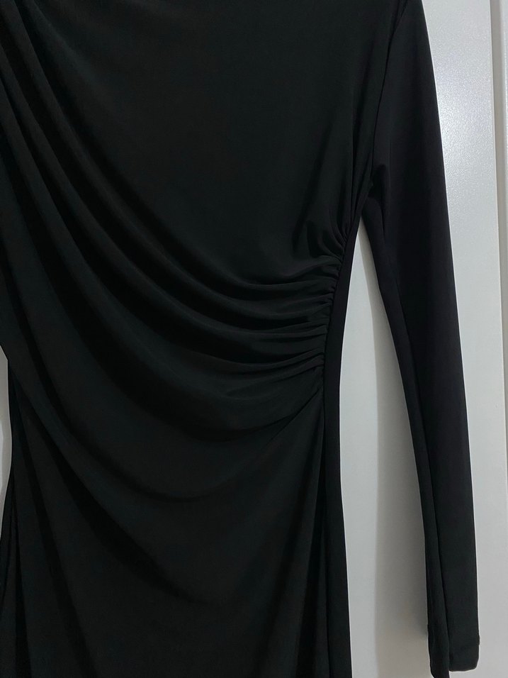 Siyah Drapeli Uzun Kollu Kadın Elbise - Görsel 2