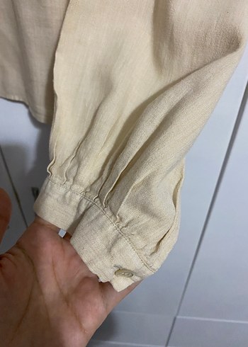 Bej Uzun Kollu Keten Gömlek - Görsel 2