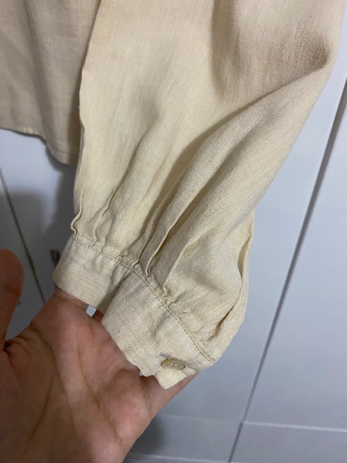 Bej Uzun Kollu Keten Gömlek - Görsel 2