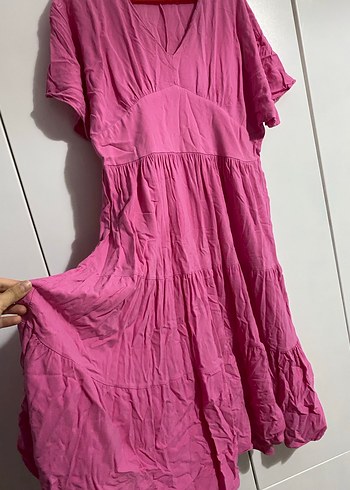 Pembe Uzun Keten Bohem Elbise - Görsel 3