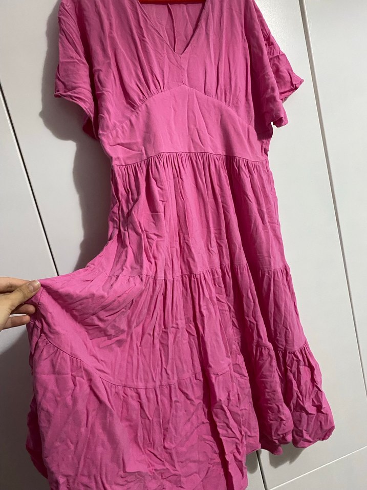 Pembe Uzun Keten Bohem Elbise - Görsel 3