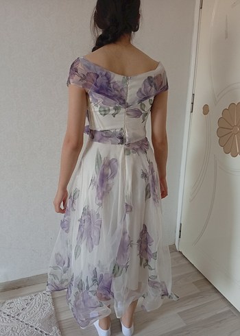 38 Beden Mor Çiçek Desenli Midi Kadın Elbise