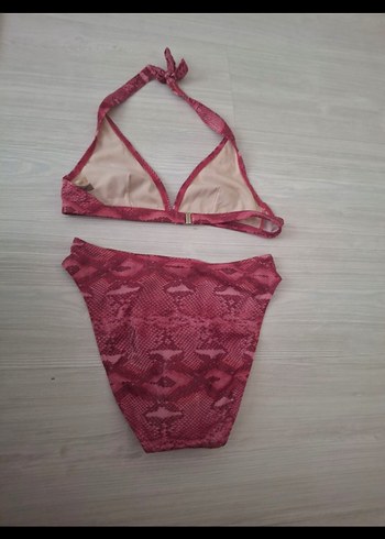 s Beden Pembe Yılan Desenli Dantelli Bikini