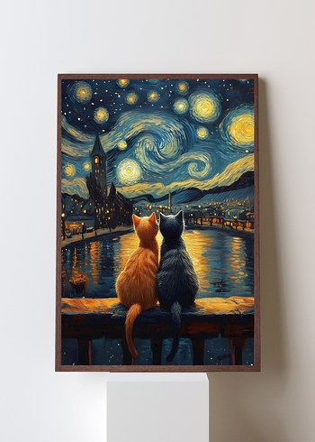 Yıldızlı Gece Temalı Kedi Posteri
