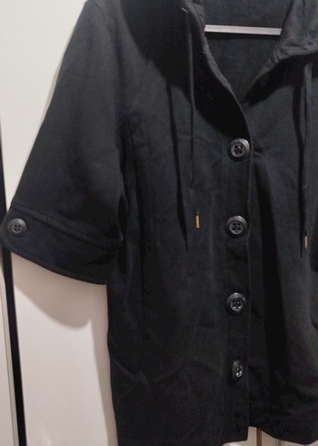 Düğmeli Siyah Kadın Midi Ceket Kapüşonlu - Görsel 2